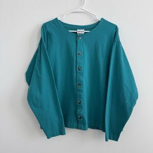 Chico’s Design Vintage Teal Button Up Blouse Lightweight Classic Coastal Large
